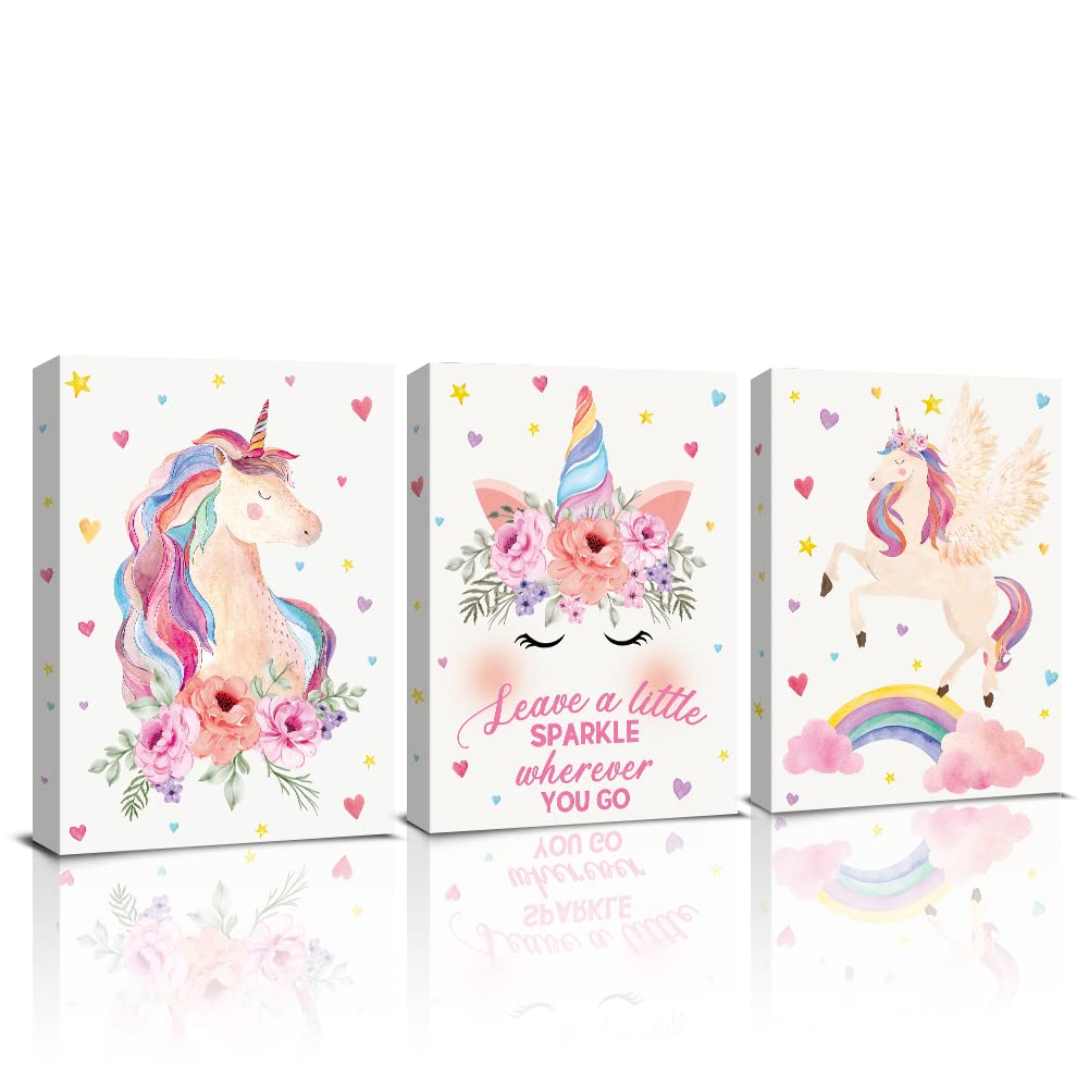 KAIRNE Unicorn Canvas Wall Art Print Framed, Inspirational Quotes Unicorns Rainbow Art Poster for Girls Bedroom Nursery Decoration, Set of 3 11.8 X15.6inch Ready To Hang Unicorn Art Prints