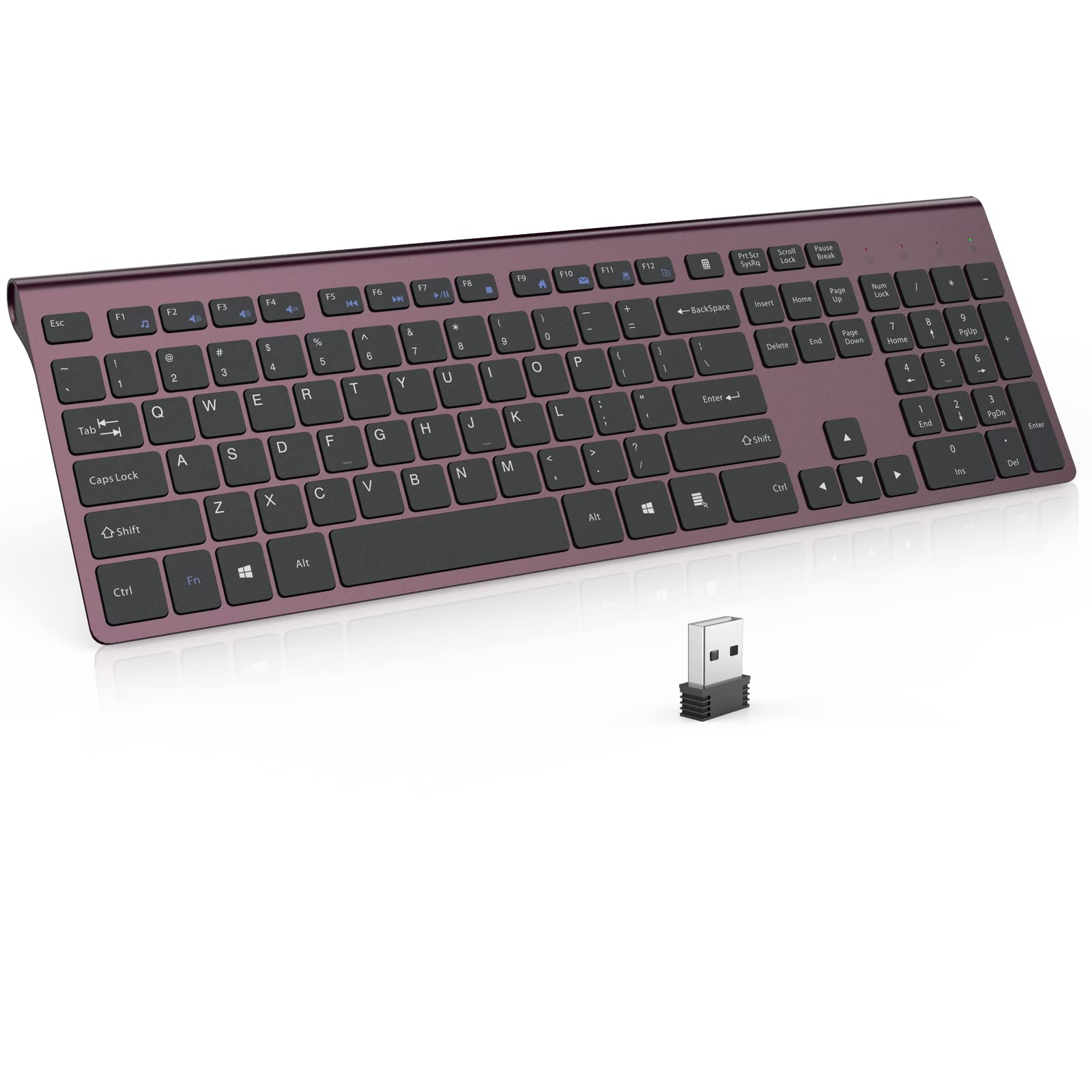 Photo 1 of JOYACCESS Rechargeable Silent 2.4G Wireless Keyboard, Full Size with Numeric Keypad for Desktop/PC/Surface/Smart TV - Wine Red