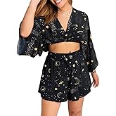 CORAMOON 2 Piece Sets for Women Casual Outfit Boho Womens Matching Lounge Set Long Sleeve Crop Top and Wide Leg Shorts, M