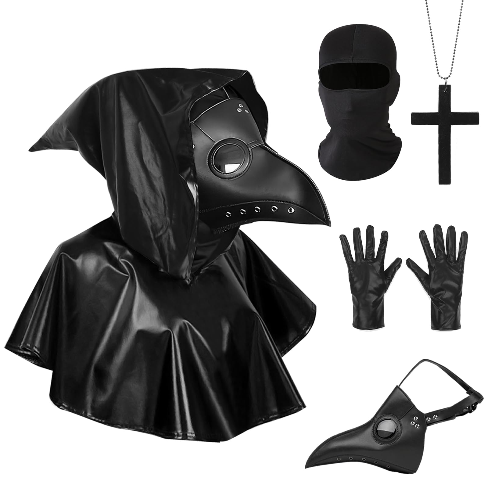 shengo 5PCS Plague Doctor Bird Mask, Halloween Beak Mask, Steampunk Cosplay Mask Bird Beak with Necklace Black Hooded Cape Gloves for Halloween Carnival Party Fancy Dress