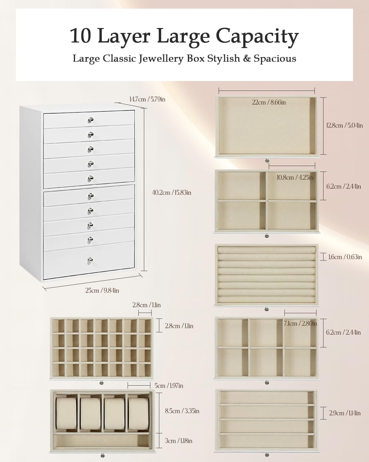 GUKA GUKA Large Jewelry Box, Jewelry Case with 10 Drawers for Big and Small Jewelry, Jewelry Storage Organizer for Watch Earrings Necklace Rings Bracelets, Birthday Wedding Gifts, White
