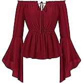 SCARLET DARKNESS Renaissance Shirt Women Peasant Blouse Bell Sleeve Off Shoulder Tops Pirate Costume