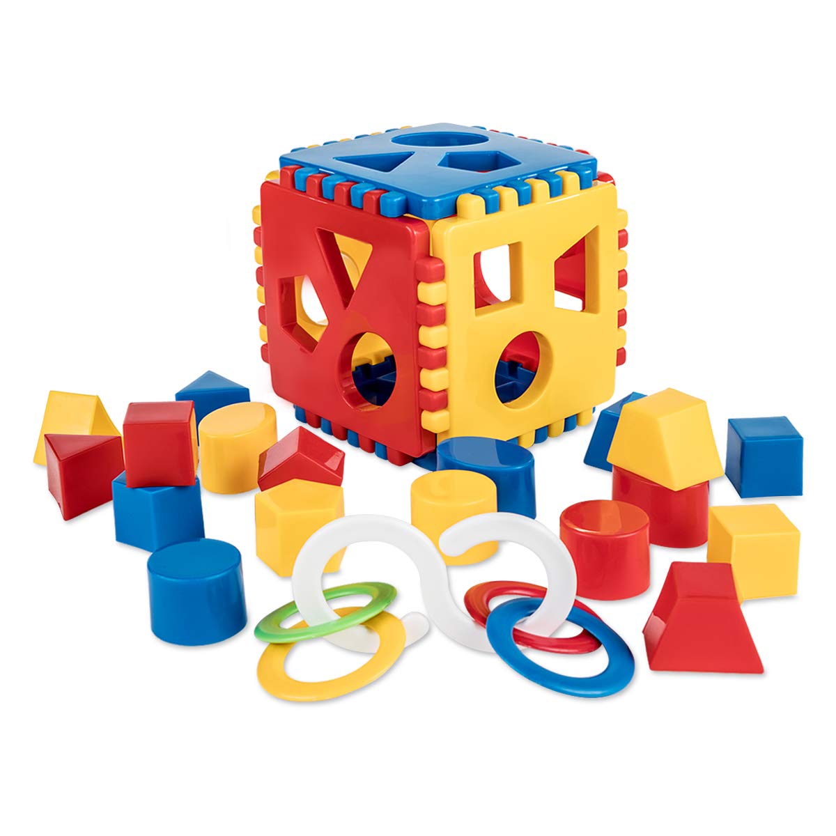 Mimtom Shape Sorter Toy | Re-buildable Baby Play Cube with 18 Sorting Blocks | Learning Toy Made in the EU - Red, Blue & Yellow