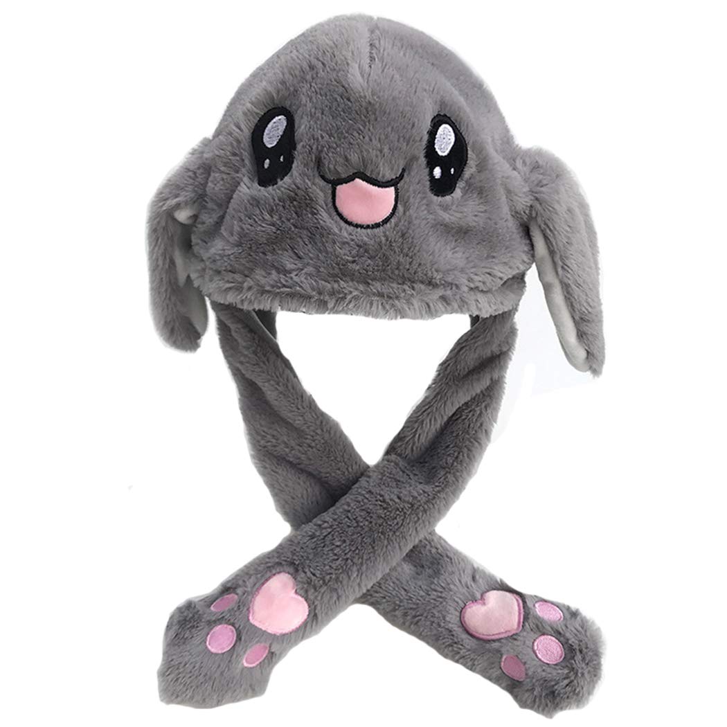 dressfan Womens Fluffy Funny Plush Grey Rabbit Ear Hat Birthday Gift Pressing the Bunny Cap Will Make the Rabbit's Ears Move Up And Down Bunny Hat Hood Winter