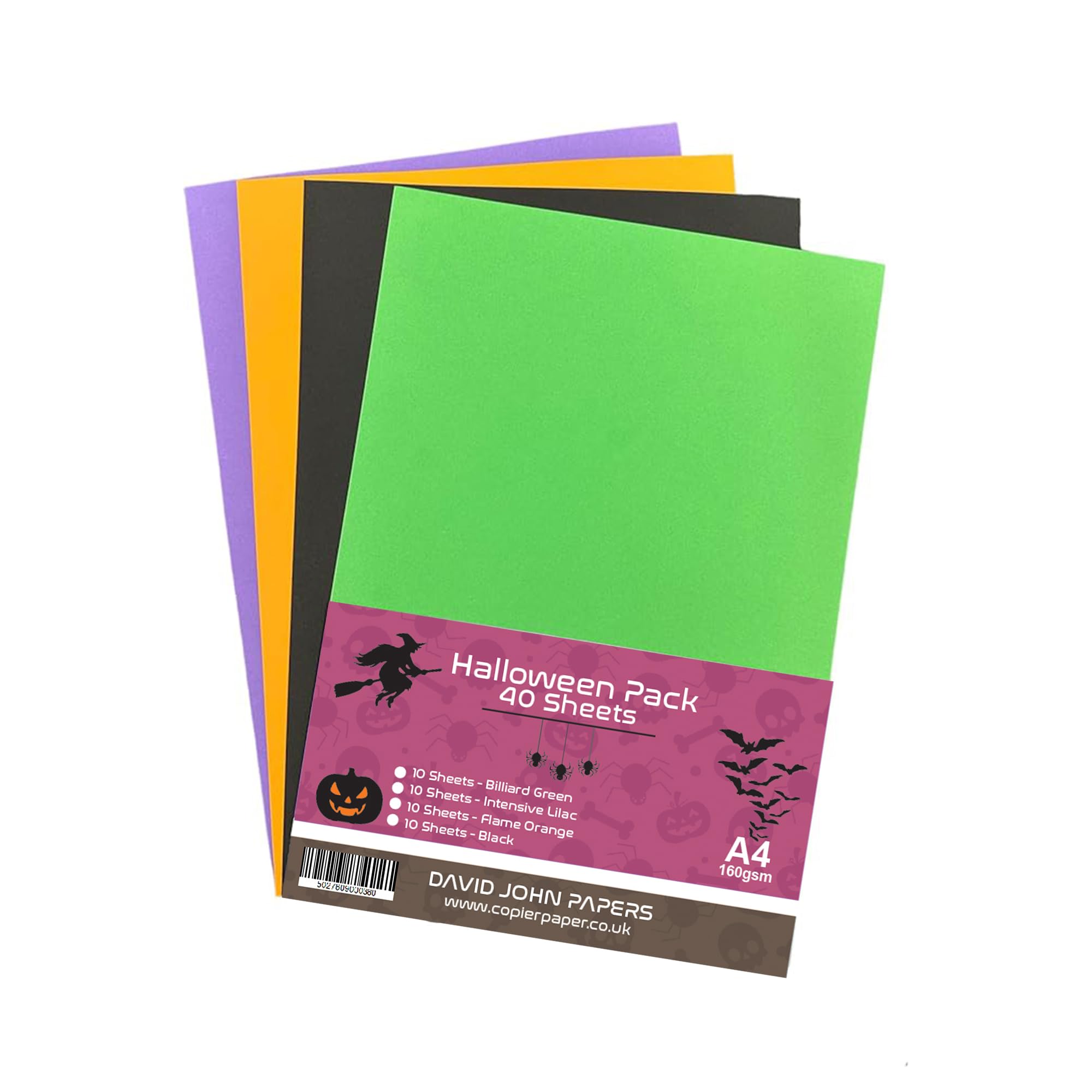 DJP 160 GSM A4 Halloween Coloured Card - Flame Orange, Black, Billiard Green & Intensive Lilac (Pack of 40 Sheets) - 10 Sheets Each Colour