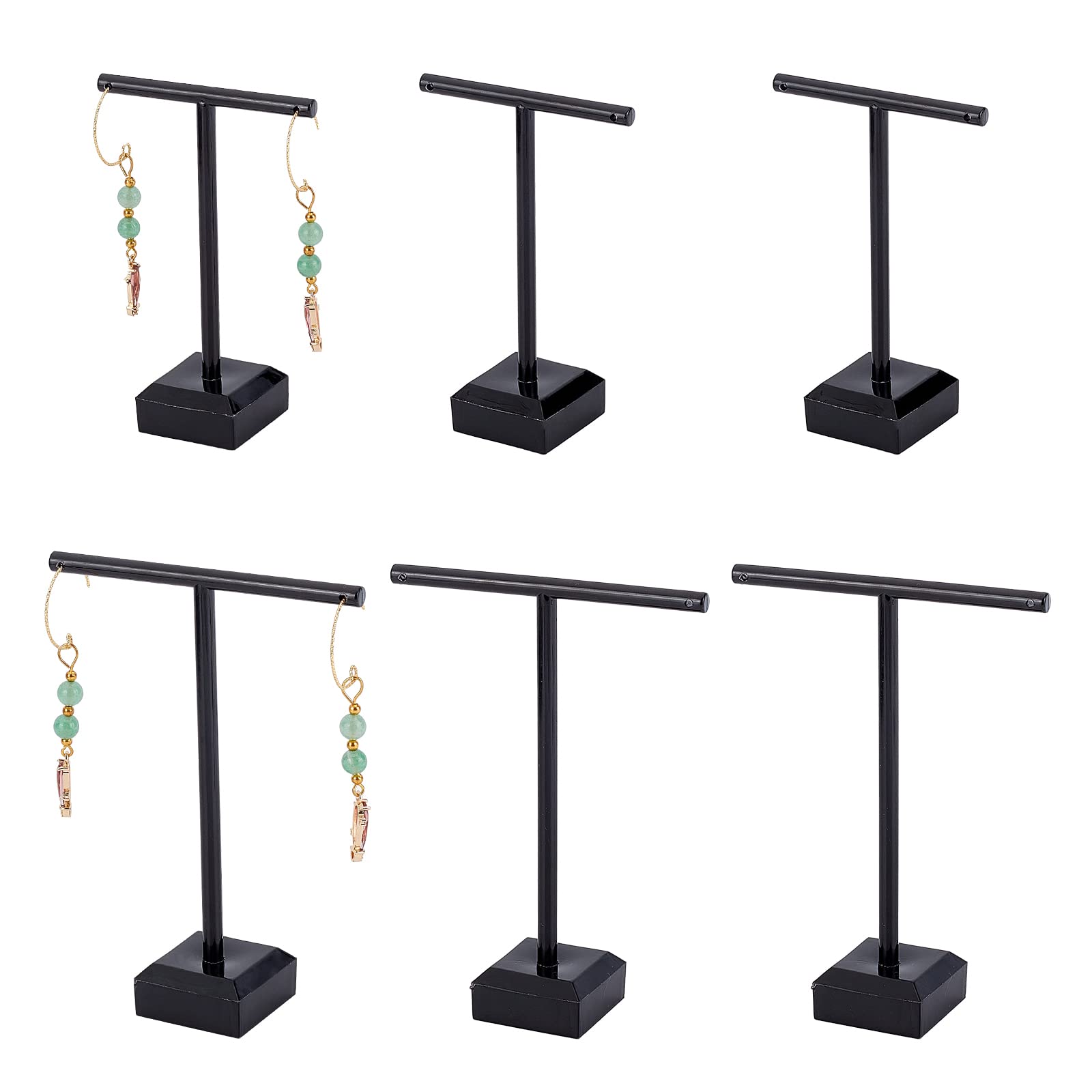 FINGERINSPIRE 6Pcs Acrylic Earrings Stand Holder T-Shape with Holes Ear Studs Display Rack Jewelry Organizer Earring Retail Display Photography Props(Black-Square Base, 2 Heights: 9.5cm & 11.5cm)