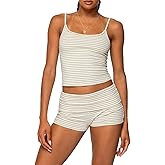 RUEWEY Women Y2k Pajama Set Striped Sleeveless Crop Cami Top Lounge Shorts PJS 2 Piece Matching Sleepwear