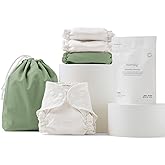 Esembly Try-It Kit, Cloth Diaper Starter Set, Aloe, Size 1 (7-18lbs) | Starter Bundle for Cloth Diapering - 3 Organic Cotton Inners, 1 Waterproof Outer, 1 Ditty Bag and 12oz Laundry Washing Powder