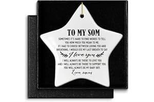 BANLAI Son Christmas Ornament Gift from Mom, I Will Always Be There to Love You & Support You, Birthday Graduation Keepsake Ornament Gift for Son from Mother, Christmas Tree Star Shape Ceramic Ornament Decor