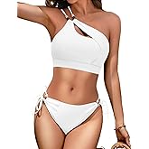 Zeregos Women's One Shoulder Cutout Bikini Set 2 Piece Swimsuit Cheeky Bikini Beads Bathing Suit