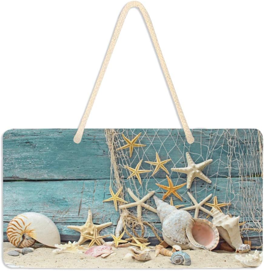 Wamika Welcome Summer Sea Star Beach Sand Wooden Door Hanging Sign Plaque Hello Spring Ocean Shell Tropical Palm Leaves Wall Signs Yard Indoor Outdoor Garden Decorations Banner with Hang Rope 11" x 6"