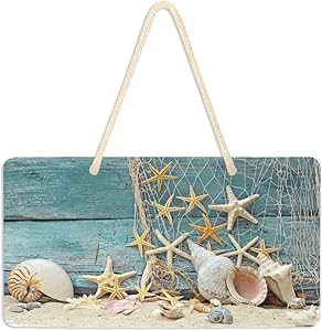 Wamika Welcome Summer Sea Star Beach Sand Wooden Door Hanging Sign Plaque Hello Spring Ocean Shell Tropical Palm Leaves Wall Signs Yard Indoor Outdoor Garden Decorations Banner with Hang Rope 11" x 6"
