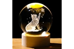 Arikyrist 3D Crystal Ball Decor, Cat Figurines With Wooden Base, Laser Engraved Glass Sphere Gifts for Cat Lovers