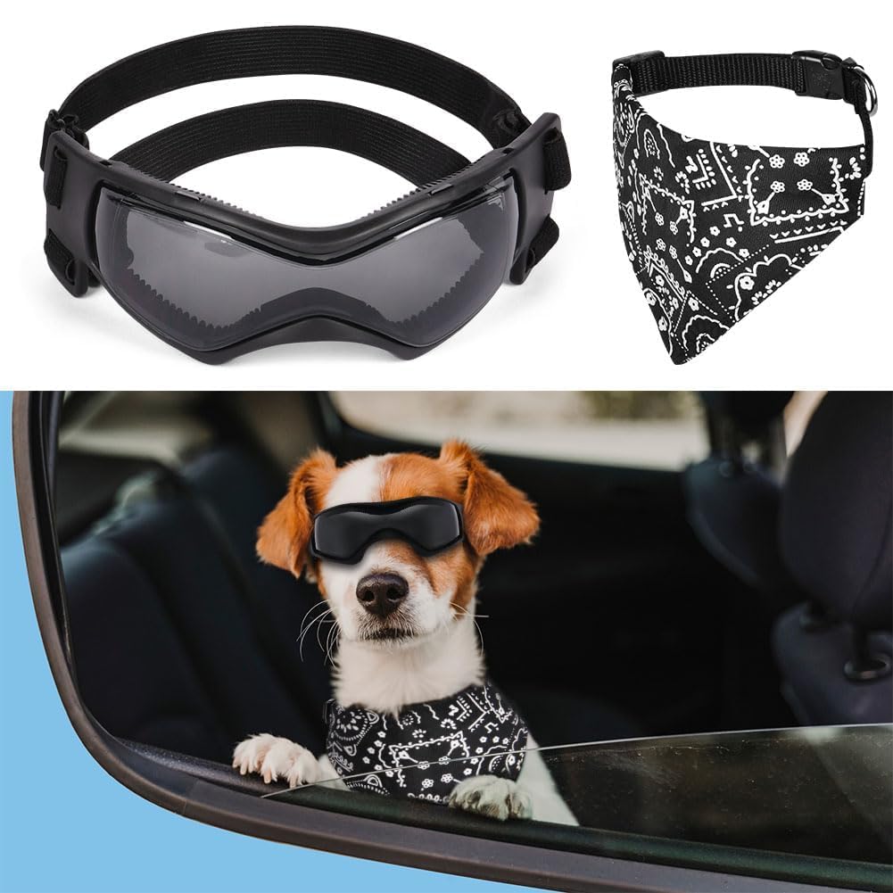 Adiwo Dog Sunglasses, Adjustable Dogs Goggles with Fashion Snood, Puppy Outdoor Glasses UV Protection Eye Wear, Windproof Antifog Pet Sunglasses for Small/Medium Dogs Hiking, Skiing, Traveling (S)
