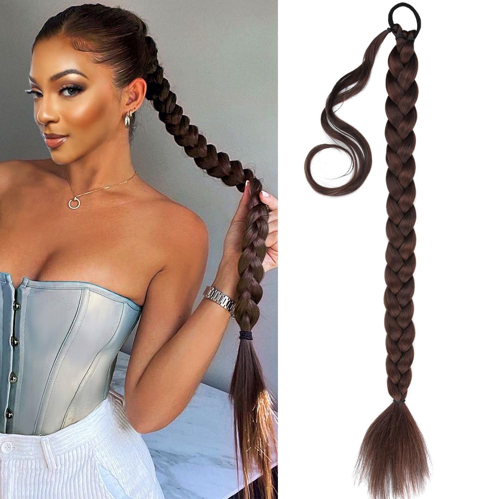 Gledola Long Braided Ponytail Extension 30 Inch Pre stretched Braiding Hair Extensions DIY Braid Ponytail Synthetic Hair Piece (Chestnut Brown, 30 inches)