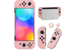 BRUXIMLY Switch OLED Case for Nintendo Switch OLED Model, Dockable Cover Soft TPU Protector Case for Switch OLED Grips & Console and Accessories with 2 Pcs Thumb Caps, Pink