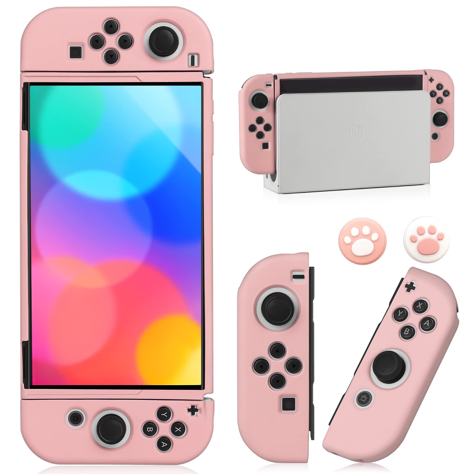 Photo 1 of **MISSING JOYSTICK &THUMB COVERS** Switch OLED Case for Nintendo Switch OLED Model, Dockable Cover Soft TPU Protector Case for Switch OLED Grips & Console and Accessories with 2 Pcs Thumb Caps, Pink