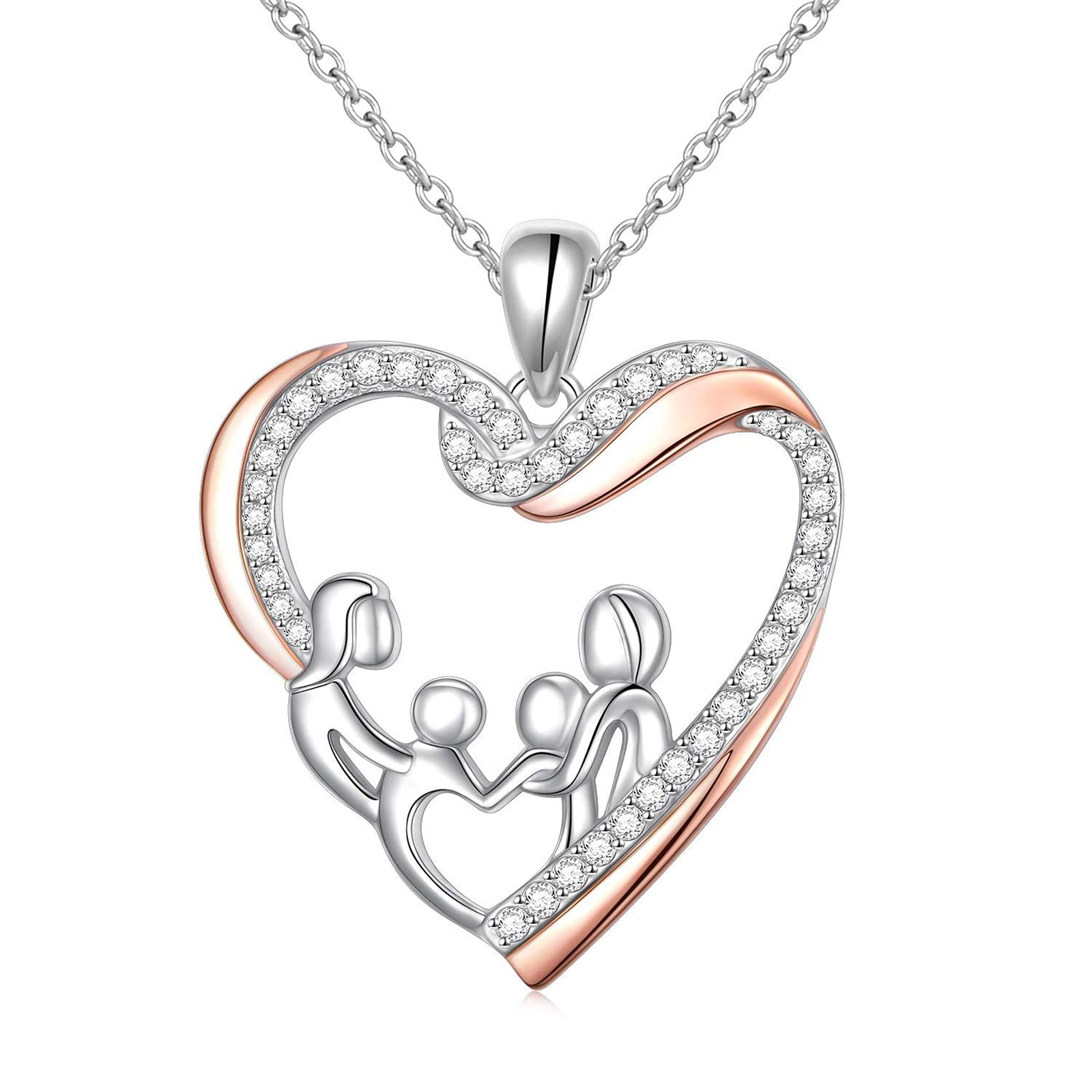 Shuxin Silver Necklace for Women, Silver Necklace Jewellery Gifts for Mum Wife Girlfriend Her, 925 Sterling Silver Family Heart Pendant & 45cm Chain, Gift for Christmas Valentines Birthday Mothers Day