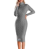 Fangetey Womens Long Sleeve Turtleneck Sweater Dresses Knitted Bodycon Midi Sheath Jumper Dresses