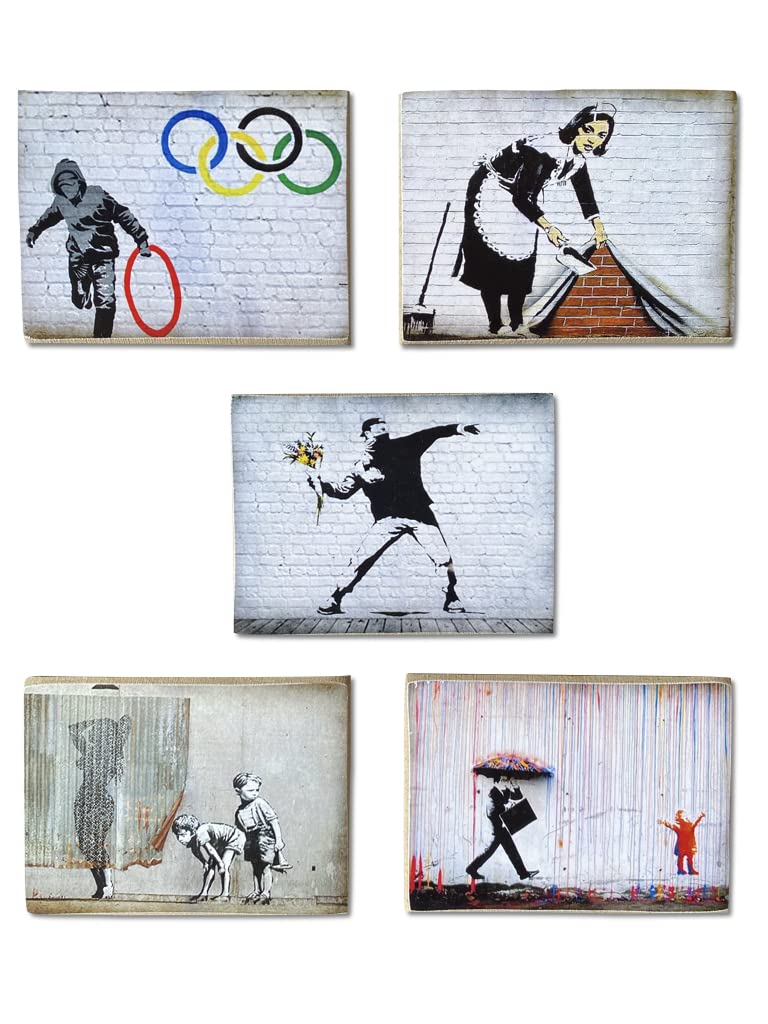 KUSTOM ART Composition of 5 Vintage Style Bansky Series. Print on Wood 18x25 and 25x18 cm each picture