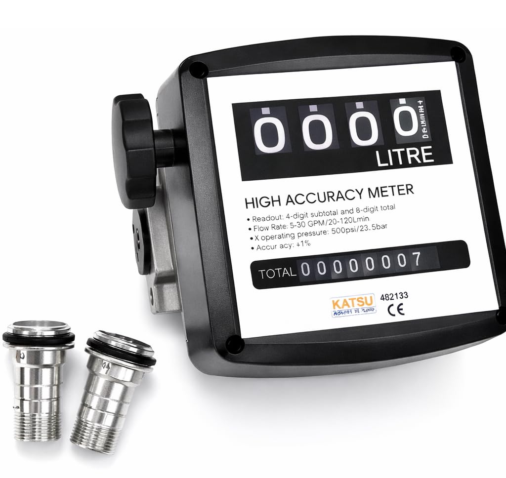 KATSU 4 Digital Diesel Fuel Oil Flow Meter Counter, Fuel Pump Transfer Tank Marine Mechanical Flowmeter 3.5 Bar Accuracy 1% 482133