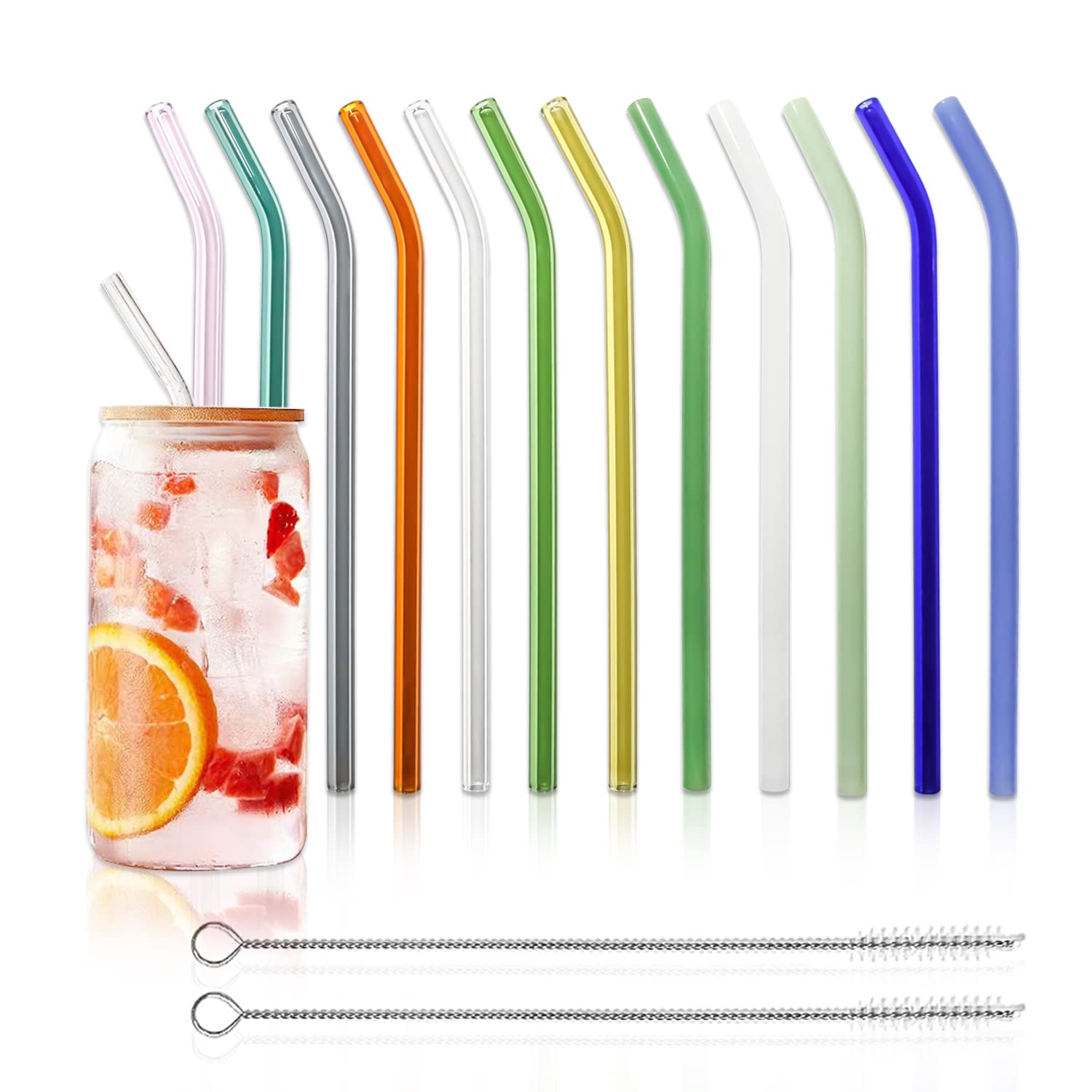 Photo 1 of 12 Pack Reusable Glass Straws - 8" x 8 MM, Bent Glass Drinking Straws with 2 Cleaning Brushes, Reusable Straws for Smoothies, Milkshake, Frozen Drinks, Tea, Juice