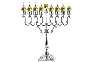 Ner Mitzvah Silver Plated Oil Menorah - Fits Standard Chanukah Oil Cups and Candles - Olive Branches - 14" High