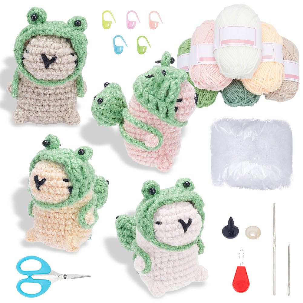 FREEBLOSS 8 Set Beginners Crochet Kit Complete Animal Set Crochet Capybara with Frog Hood and Backpack Crochet Knitting Kits for Starters Crochet Set for Adults Craft Art with Video Tutorials