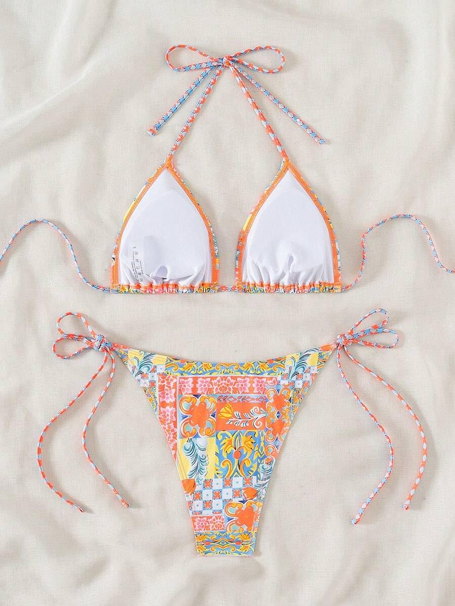 ZAFUL Triangle Bikini for Women 2 Piece Halter Bikini Sets Sexy High Cut Bathing Suit Side Tie Swimsuits Orange Tribal M - Image 3