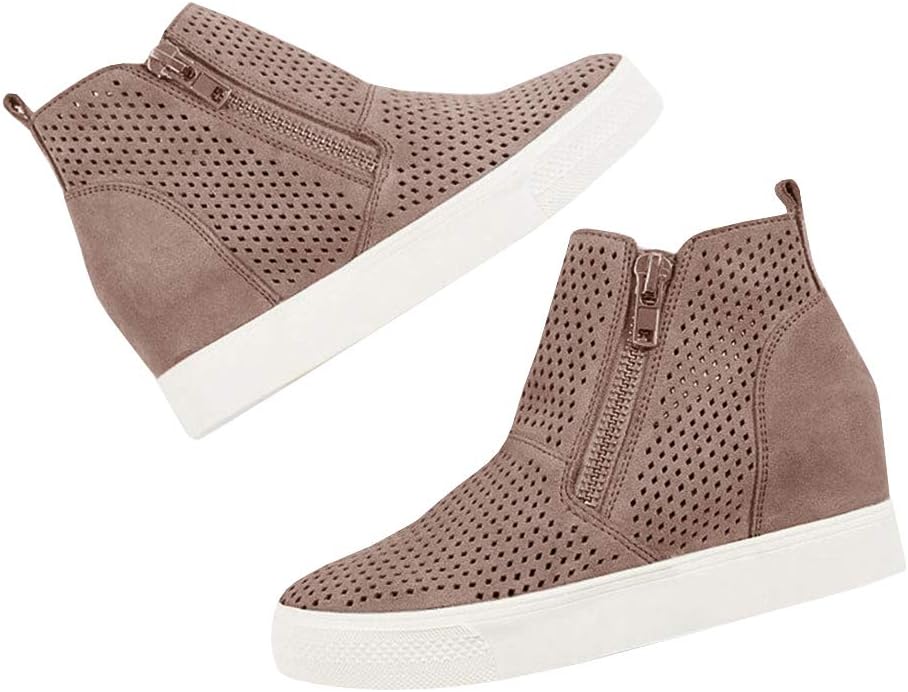 Ermonn Womens High Top Wedge Sneakers Winter Platform Perforated Side Zipper Ankle Booties