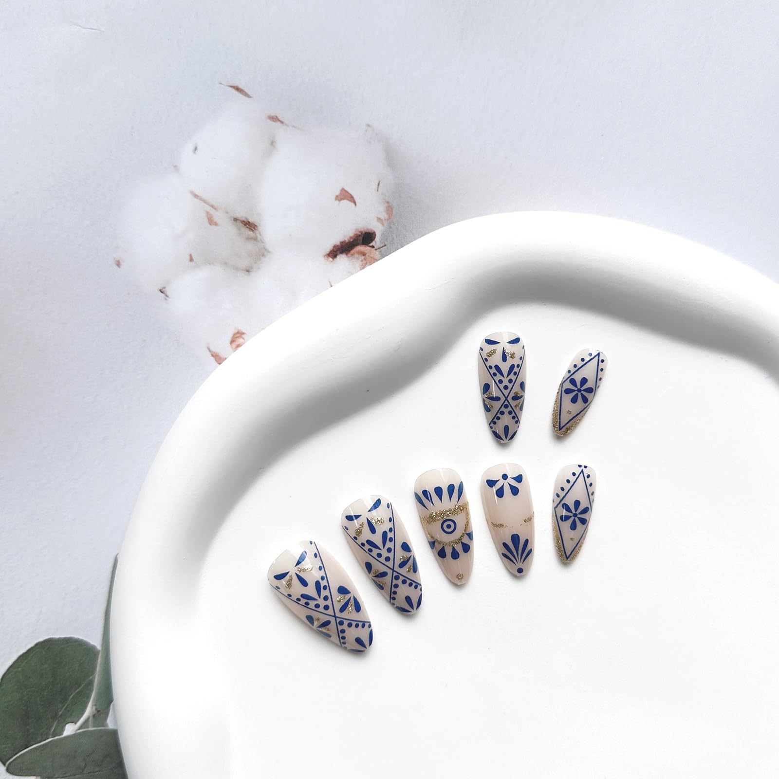 Almond Press on Nails Short Fake Nails with Blue Flower Totem Pattern Designs Almond Nails Press on Acrylic Glue on Nails Sweet Cool False Nails Stick on Nails for Women Gel Fake Nails Kit 24PCS - Image 6