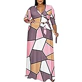 Runwind Plus Size Dresses for Women Floral Maxi Dress Flowy 3/4 Sleeve with Belt