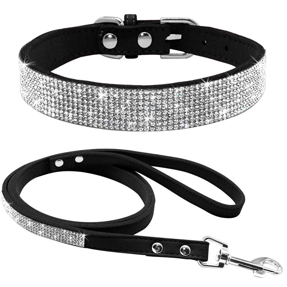 haoyueer Cute Dazzling Sparkling Elegant Fancy Soft Suede Leather Bling Rhinestone Crystal Jeweled Pet Cat Dog Puppy Collar Dog Leash Combo Set (XS, Black) โ image 1