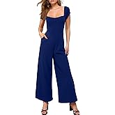 Aprilake Womens Jumpsuit Dressy Casual Cap Sleeve Square Neck Wide Leg Long Pant Rompers With Pockets