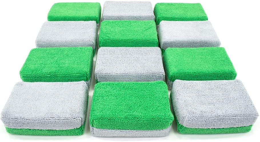 [Saver Applicator Terry] Microfiber Ceramic Coating Applicator Sponge with Plastic Barrier for IGL - 12 Pack (Green/Gray, Thick): Automotive