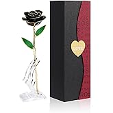 Easegain Gold Dipped Rose Black,Dipped in 24k Gold-Long Stem Rose Flowers Artificial for Decoration,Rose Flowers with Transparent Stand & Gift Box,Gift for Mom,Lover,Women,Thanksgiving Day