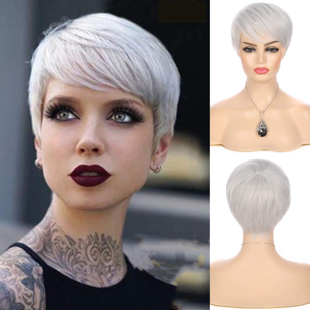 Silver Grey Wigs Short Hair Pixie Cut Straight Wig with Bangs Synthetic Cosplay Full Wigs for Women Heat Resistant Halloween Costume Party