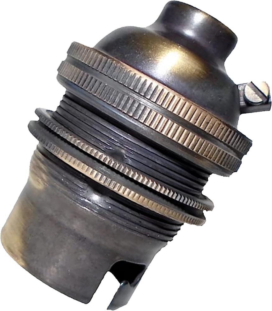 1 Pack Traditional Earthed Solid Brass Lampholder with Shade Retaining Ring | Brushed Antique Finish - no lacquer | B22|B22D | Bayonet Cap