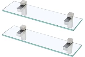 KES Glass Shelf for Bathroom, Floating Tempered Glass Bathroom Wall Shelf Rectangle 16 Inch Brushed Nickel Bracket, 2 Pack, BGS3201S40-2-P2