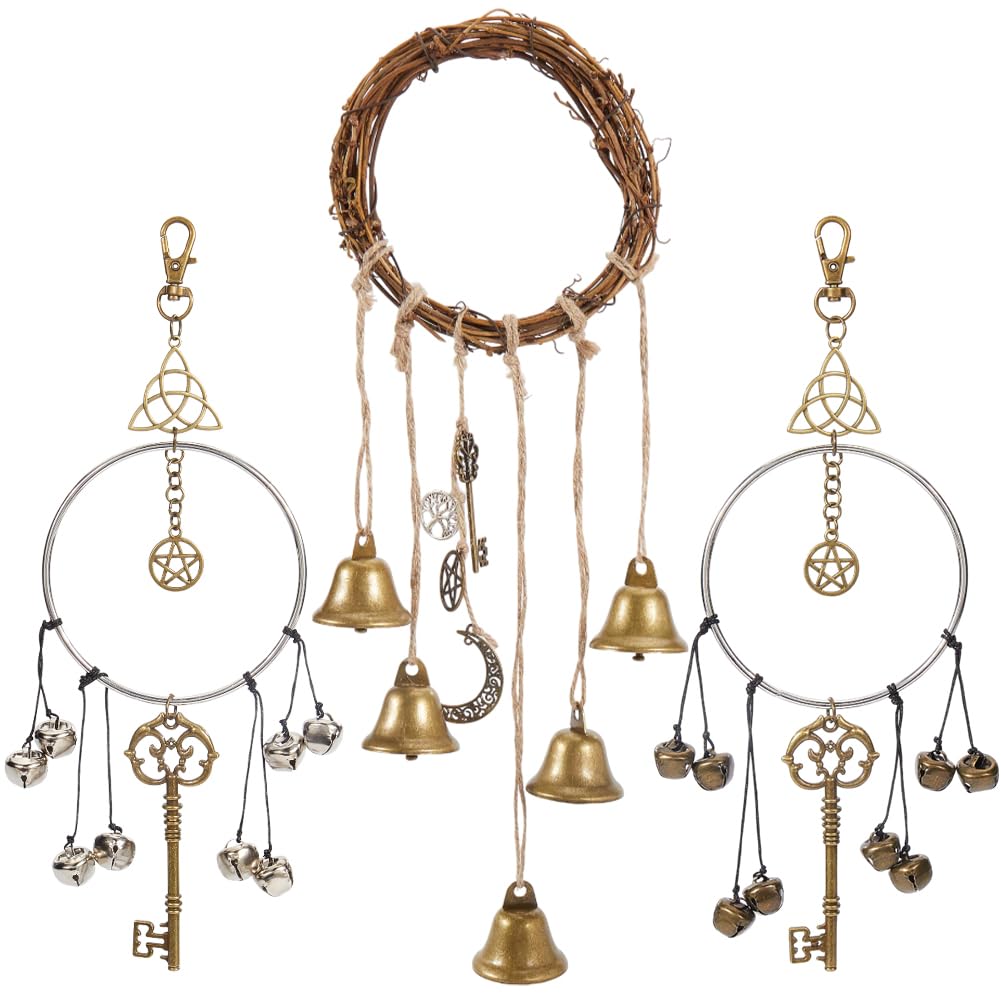 CREATCABIN Witch Bells Protection Door Knobs Hanging Witch Wind Chime Boho Rattan Handmade Door Hanger Bell 2 Color Wind Chime With Star Magic Key Pendant for Home Positive Energy Decor 12.8x4.8in