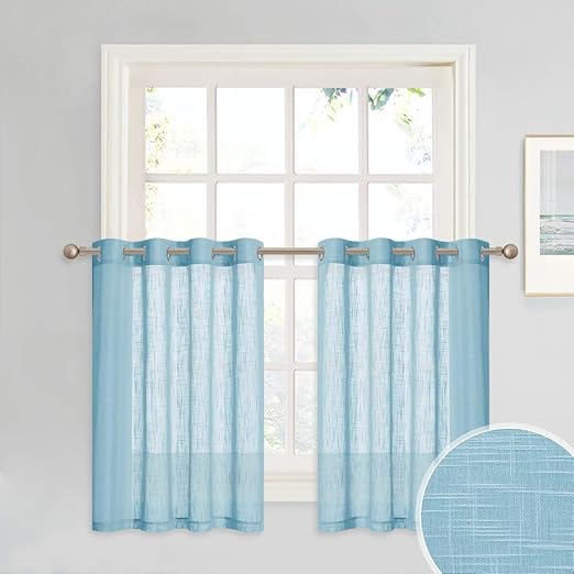Amazon Com Pony Dance Sheer Tiers Voile Linen Look Semi Transparent Voile Valance With Slub Pattern Short Curtains Drapes For Small Windows Kitchen Cafe 52 Wide X 36 Long Air Blue 2