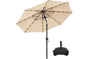 wikiwiki 10FT Solar Led Patio Umbrella with Base, Sturdy Outdoor Market Umbrella for Deck, Pool, Garden w/Tilt, Crank, 32 LED Lights, Beige