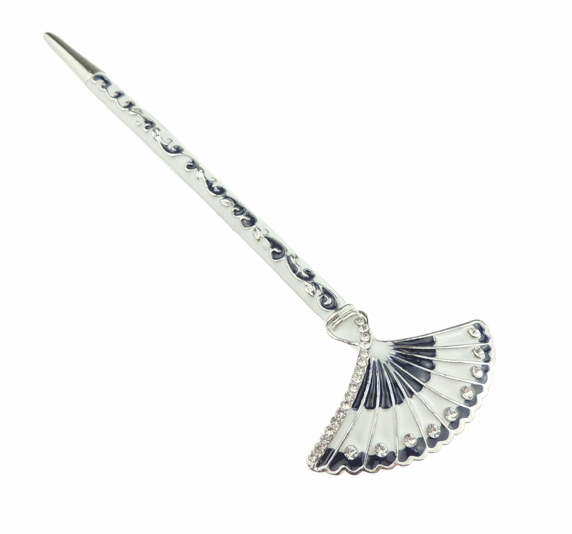 Painted Enamel Crystal Flower Floral Wedding Bridal Evening Chopstick Accessory Hair Stick Pin Chinese Fan (White With Navy)