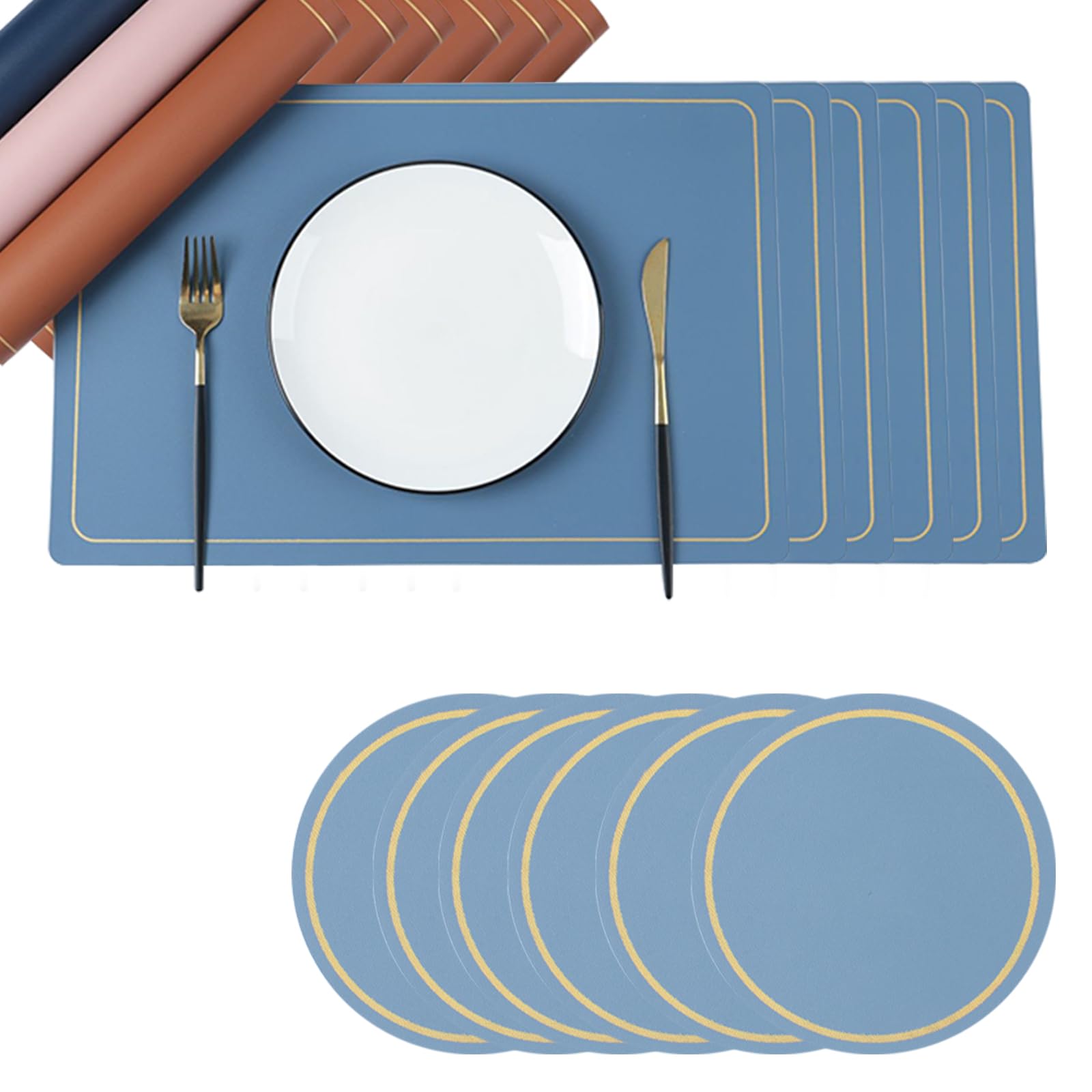 Soulnioi Placemats and Coasters Set of 6, PU Leather Table Mats Heat Resistant Washable Place Mats Not Rolled Plate Mats for Kitchen Dining Table Restaurant Home Decor - Blue