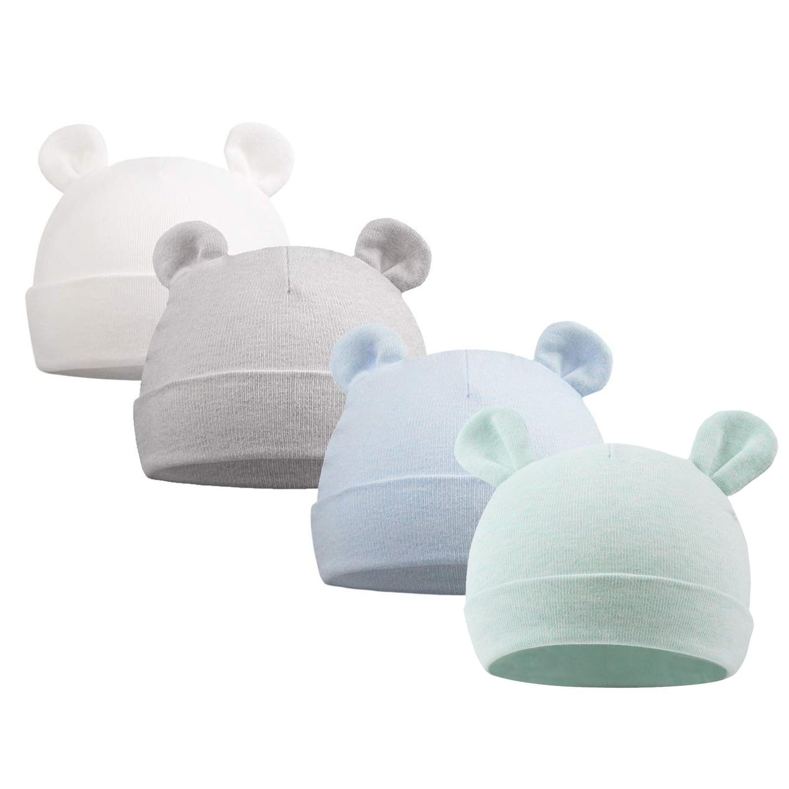 XIAOHAWANG Original Cotton Newborn Beanies Striped Cute Baby Hat for Boys Girls Bear Ears Infant Beanie (White+Blue+Gray+Green, Preemie)