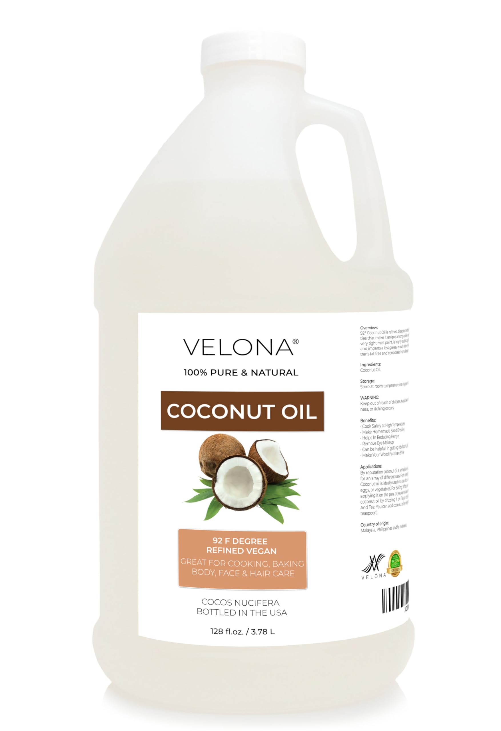 Photo 1 of velona Coconut Oil 92 Degree 1 Gallon / 128 Fl Oz | 100% Pure and Natural Carrier Oil | in jar | Refined, Cold pressed | Skin, Face, Body, Hair Care | Use Today - Enjoy Results