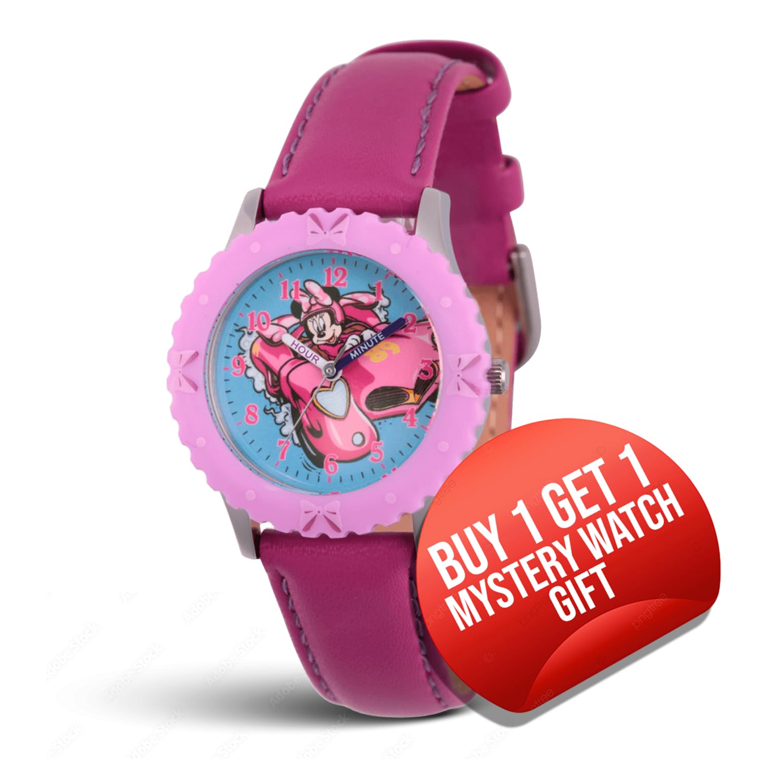 Disney Minnie Mouse Watch for Ages 3–7 with Bold Dial – Gift for Kids Who Love Minnie Toys – Pink Bezel and Pink Leather Strap – Buy and GET 1 Free Mystery Watch