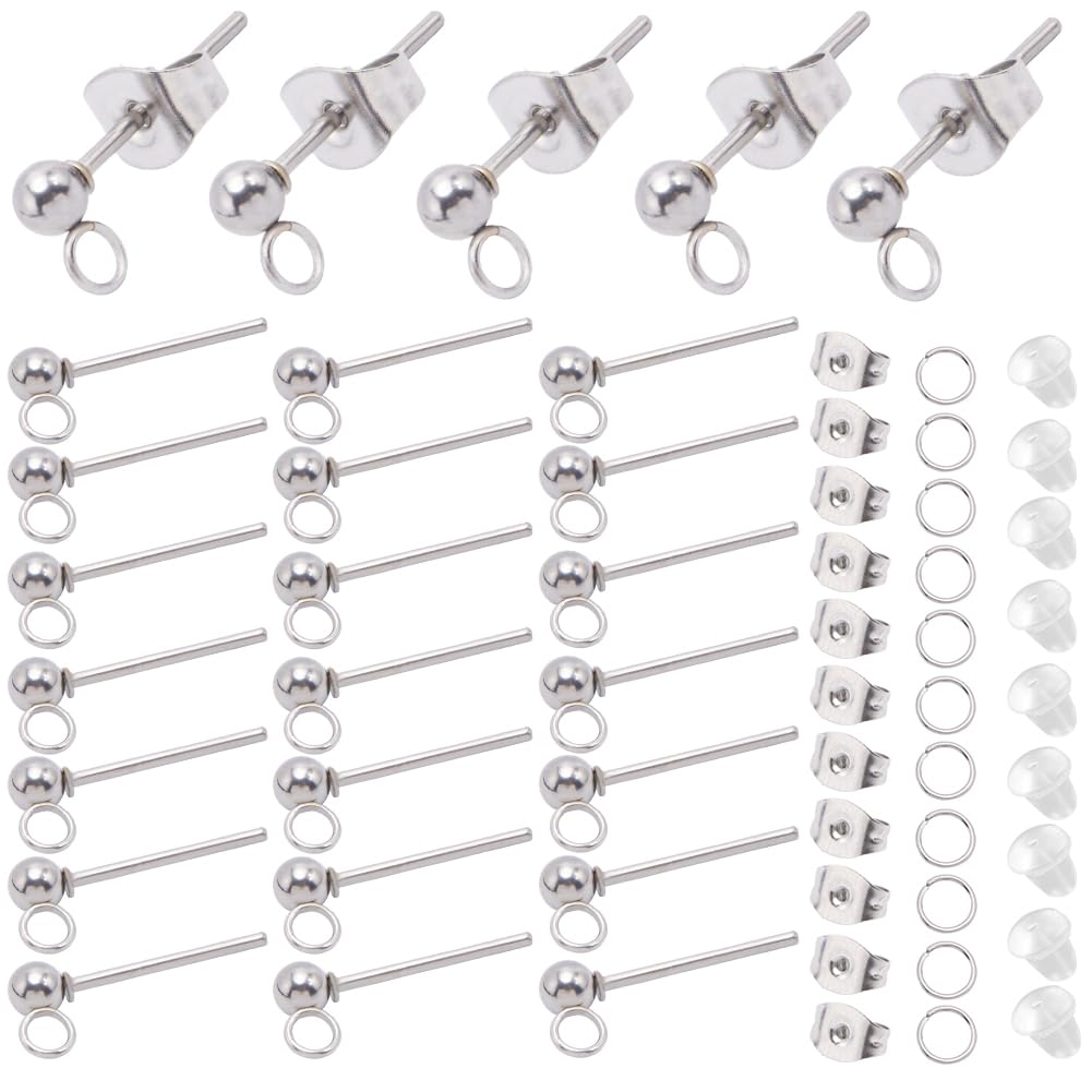 SOFPLATE 1 Box 150Pcs Ball Earring Posts Silver Stud Earring Findings Hypoallergenic Stainless Steel Earring Studs with Ear Nut and Jump Ring Small Round Earring Posts for jewellery Making Supplies DI