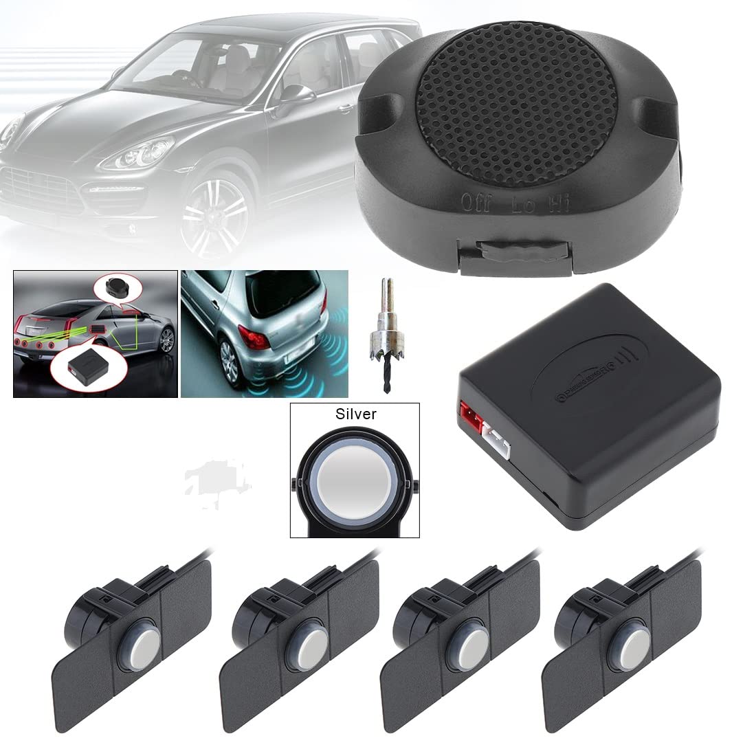 ePathChina Car Rear Reverse Backup System, Auto Vehicle Rear Reversing Radar System with 4 Parking Sensors Buzzer Alarm(Silver）