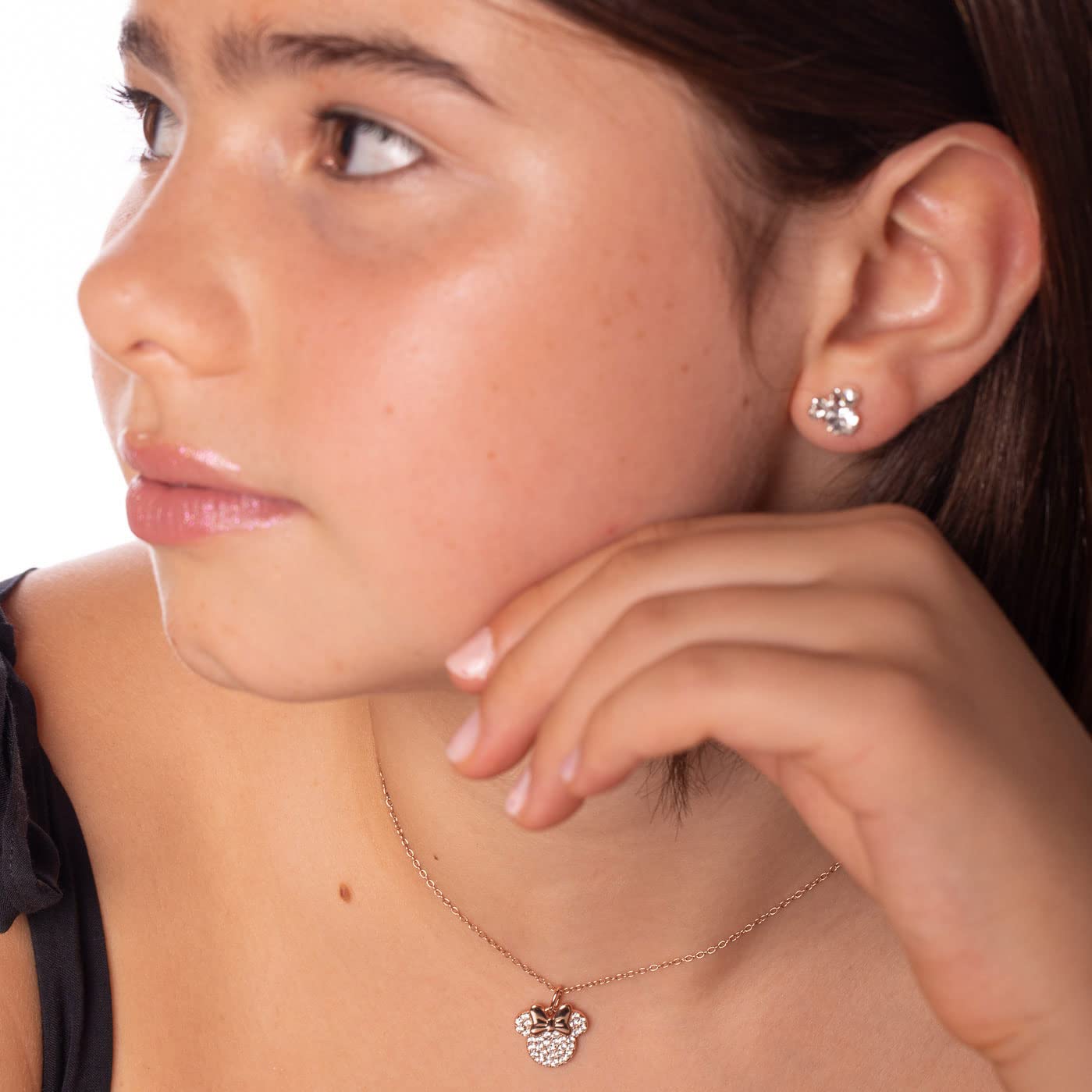 Disney Jewelry, Minnie Mouse Cubic Zirconia Pendant Necklace, Silver Plated, Pink Plated, 16+2